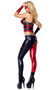 Dreamy Jester Sexy Superhero costume includes metallic bustier crop top with studded faux leather harness overlay and back zipper closure. Matching two tone pants with diamond card suit accents and matching arm gauntlets also included. Three piece set.
