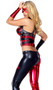 Dreamy Jester Sexy Superhero costume includes metallic bustier crop top with studded faux leather harness overlay and back zipper closure. Matching two tone pants with diamond card suit accents and matching arm gauntlets also included. Three piece set.