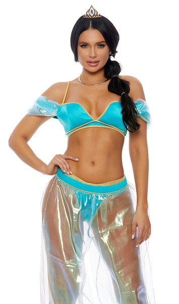 A Whole New World Sexy Princess costume includes crop top with off the shoulder iridescent ruffle sleeves, contrast trim, back zipper closure and matching panty. Sheer harem style iridescent high-waisted pants with side slits, balloon legs and elastic ankles. Mini tiara also included. Four piece set.