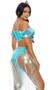 A Whole New World Sexy Princess costume includes crop top with off the shoulder iridescent ruffle sleeves, contrast trim, back zipper closure and matching panty. Sheer harem style iridescent high-waisted pants with side slits, balloon legs and elastic ankles. Mini tiara also included. Four piece set.