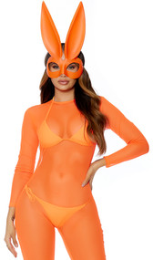 Simply Ear-resistible Sexy Bunny costume includes long sleeve sheer mesh jumpsuit with zipper back closure and matching plastic bunny mask with elastic strap and tall rabbit ears.