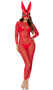 Simply Ear-resistible Sexy Bunny costume includes long sleeve sheer mesh jumpsuit with zipper back closure and matching plastic bunny mask with elastic strap and tall rabbit ears.