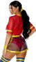 Goals Sexy Soccer Player costume includes jersey style sheer mesh crop top with V neckline, the number 10, and contrast trim. Sporty sheer shorts with tulip side hems and contrast trim also included. Matching footless leggings with athletic stripes, wristlets and hair scrunchie also included. Matching bandeau top and low rise booty shorts set also included for layering. Seven piece set.