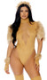 Mane Attraction Sexy Lion costume includes faux suede bodysuit featuring jagged edge sheer mesh cut out, faux fur shoulders, turtle neck, high cut leg, and zipper back closure. Matching fingerless gloves, mane headband and thigh high footless leggings also included. Four piece set.
