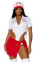 Secret Menu Sexy Fast Food Employee costume includes short sleeve bodysuit with V neck, collar, logo, Bae name patch, cut out sides and snap closure. Mini skirt with faux wrap design, nonfunctional large apron pin and back zipper closure also included. Footless leggings and printed trucker hat also included. Four piece set.