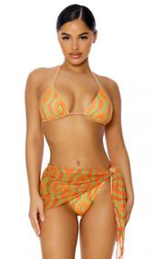 Sheer mesh sarong cover up features a colorful print, asymmetrical cut and side tie closure.