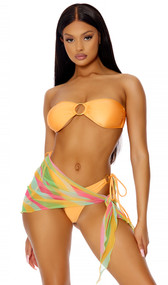 Sheer mesh sarong cover up features a colorful print, asymmetrical cut and side tie closure.