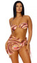Sheer mesh sarong cover up features a colorful swirl print, asymmetrical cut and side tie closure.