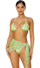 Sheer mesh sarong cover up features a colorful geometric circle print, asymmetrical cut and side tie closure.