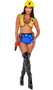 Playboy Construction Cutie costume includes cropped vest with Bunny Logo patch, safety stripes and front buckle closure. Tool belt with pouches, helmet with Bunny sticker and high waist vinyl shorts also included. Four piece set.