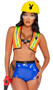 Playboy Construction Cutie costume includes cropped vest with Bunny Logo patch, safety stripes and front buckle closure. Tool belt with pouches, helmet with Bunny sticker and high waist vinyl shorts also included. Four piece set.