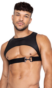 Master harness features cropped perforated spandex front with hook and ring closure and elastic back.
