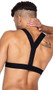 Voyeur harness features cropped soft mesh front with elastic strap and Y back.