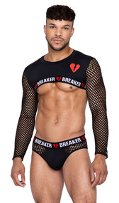 Heartbreaker long sleeve crop top features broken heart design with logo print elastic band, wide crew neck, spandex chest yoke, and wide fishnet sleeves.