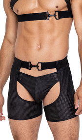 Master Chaps feature a perforated spandex fabric, hook and ring closure on elastic waistband, and rear cut out.