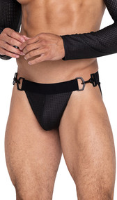 Master Jockstrap features a perforated spandex fabric, contoured pouch, and hook and ring closure sides.