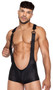 Master Singlet features a perforated spandex fabric, contoured pouch with zipper, hook and ring closure shoulder straps, and Y back strap with O ring accent.