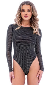 Starry Night Bodysuit features sparkly rhinestone detail fabric, a crew neckline, cotton gusset, back zipper closure, high cut sides and cheeky cut back.