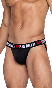 Heartbreaker Jockstrap features a contoured spandex pouch, an elastic waistband with heartbreaker logo and broken heart print, and elastic rear straps.