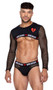 Heartbreaker briefs feature a contoured spandex pouch, an elastic waistband with heartbreaker logo and broken heart print, and sheer wide fishnet sides and back.