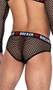 Heartbreaker briefs feature a contoured spandex pouch, an elastic waistband with heartbreaker logo and broken heart print, and sheer wide fishnet sides and back.
