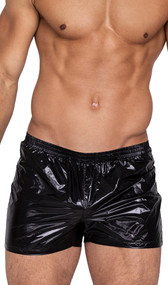 Midnight Sport Short features a lightweight shiny nylon fabric, an elastic waistband, and rear shaping back seams.