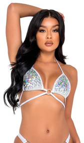 Iridescent vinyl crop top features adjustable triangle cups, contrast shimmer metallic trim, underbust strap detail, O ring accent, halter neck and back tie closure.