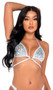 Iridescent vinyl crop top features adjustable triangle cups, contrast shimmer metallic trim, underbust strap detail, O ring accent, halter neck and back tie closure.