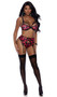 Buffalo plaid print bra features strappy underwire demi cups with lace trim, adjustable shoulder straps and hook and eye back closure. Matching garter belt has adjustable garters and hook and eye back closure. Matching panty also included.  Three piece set.