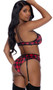 Buffalo plaid print bra features strappy underwire demi cups with lace trim, adjustable shoulder straps and hook and eye back closure. Matching garter belt has adjustable garters and hook and eye back closure. Matching panty also included.  Three piece set.