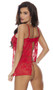 Sheer lace babydoll features strappy underwire demi cups, rhinestone accent, flyaway open front and open back, adjustable shoulder straps and hook and eye back closure. Matching G-string included. Two piece set.