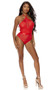 Embroidered sheer mesh teddy with halter neck, satin waist band and lace up back detail. Slip on style.