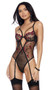 Embroidered mesh teddy features strappy underwire demi cups, keyhole front with criss cross detail, adjustable shoulder straps, adjustable garters, high cut on the leg and keyhole hook and eye back closure. Slip on style.