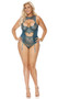 Mesh and eyelash lace teddy with high neckline with back tie closure, large keyhole front, underwire cups, adjustable shoulder straps, adjustable garters, and keyhole hook an eye back closure. Slip on style.