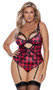 Buffalo plaid print teddy with strappy underwire demi cups with lace trim, keyhole with strappy criss cross front, adjustable shoulder straps, detachable adjustable garters, and keyhole hook and eye back closure. Slip on style.