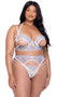 Snow Queen bra features embroidered metallic snowflakes with sequins on tulle underwire cut out cups, V wire front, scalloped trim, strappy accents, organza ribbon bows, picot elastic detail, adjustable shoulder straps, and cage style back with hook and eye closure. Matching high waisted thong with satin ribbon back tie closure, pop pom accents and cotton gusset also included. Two piece set.