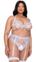 Snow Queen bra features embroidered metallic snowflakes with sequins on tulle underwire cut out cups with scalloped trim, strappy accents, organza ribbon bows, picot elastic detail, adjustable shoulder straps, and cage style back with hook and eye closure. Matching high waisted garter belt with adjustable garters and hook and eye back closure also included. Matching low rise thong with cotton gusset also included. Three piece set.