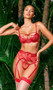 Rouge Bow bra set includes metallic bow embroidered tulle bra with strappy underwire demi cups, satin bow accent, picot elastic detail, adjustable shoulder straps and cage style back with hook and eye closure. Matching garter belt with adjustable straps and hook and eye back closure also included. Matching thong panty with strappy back and cotton gusset also included. Three piece set.