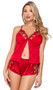 Rouge Bow camisole lounge set features stretch satin flyaway cami top with metallic bow embroidered tulle, satin ribbon bow accent, picot elastic detail, and criss cross adjustable shoulder straps. Matching shorts with elastic waistband and side slit openings also included. Two piece set.