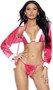 Holiday Hottie Santa costume includes velvet string bra top with adjustable faux fur trimmed cups, halter neck and tie back. Matching side tie thong with pom pom accents also included. Matching long sleeve shrug with hood also included. Three piece set.