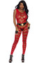 Sleeveless and footless crochet bodystocking with heart cut out pattern, U shaped neck and back, wide shoulder straps, strappy wide net design and open crotch.