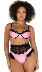 Satin bralette set features underwire support, contrast embroidered lace trim, adjustable shoulder straps and hook and eye back closure. Matching high waist panty with faux fur trim, thong back and keyhole hook and eye back closure. Two piece set.