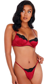 Romantic Rendezvous bra set includes stretch satin bra with floral scallop edge lace, underwire balconette cups, adjustable shoulder straps and hook and eye back closure. Matching low rise thong panty also included. Two piece set.