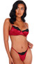 Romantic Rendezvous bra set includes stretch satin bra with floral scallop edge lace, underwire balconette cups, adjustable shoulder straps and hook and eye back closure. Matching low rise thong panty also included. Two piece set.