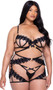 Ebony Rose set includes bra features illusion sheer tulle fabric with floral guipure lace trim, underwire demi cups, strappy accents with three ring metal hardware, adjustable shoulder straps, and cage style back with hook and eye closure. Matching chaps feature elastic waist and leg openings, open gusset and back hook closure. Matching stretch satin thong panty with cotton gusset also included. Three piece set.