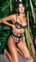Ebony Rose bra features underwire demi cups, floral guipure lace trim and illusion tulle, three ring metal hardware accents, adjustable shoulder straps and hook and eye back closure.  Matching waspie features front busk opening, steel boning and hook and eye back closure. Matching stretch satin thong has cotton gusset. Three piece set.