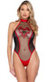 Cupid heart sheer tulle teddy features cupid and flourish heart embroidery, diamond mesh sides, contrast red satin trim, high collar neckline with adjustable neck sash, and single string thong back with cotton gusset.