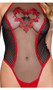 Cupid heart sheer tulle teddy features cupid and flourish heart embroidery, diamond mesh sides, contrast red satin trim, high collar neckline with adjustable neck sash, and single string thong back with cotton gusset.