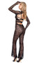 Coquette Catsuit features sheer chantilly stretch lace with bell bottom legs, long sleeves with built in gloves and thumb opening, mock neck, and open back with keyhole hook and eye closure. Bra set sold separately.