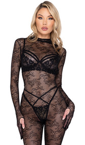 Coquette Catsuit features sheer chantilly stretch lace with bell bottom legs, long sleeves with built in gloves and thumb opening, mock neck, and open back with keyhole hook and eye closure. Bra set sold separately.